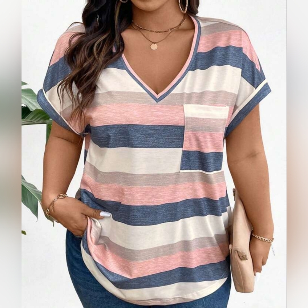 SHEIN Pink and Blue Striped V-Neck Tee